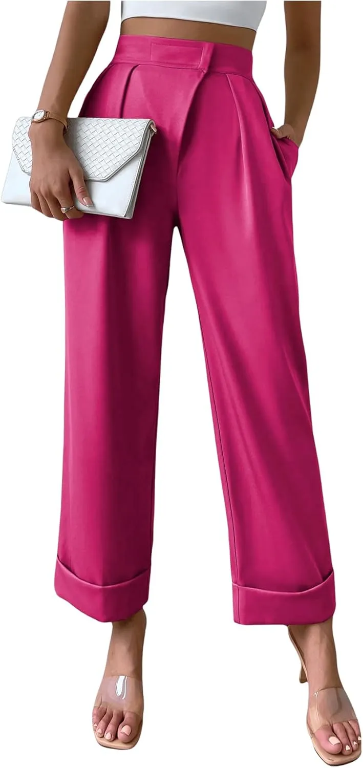 SweatyRocks Women's Elegant High Waist Roll Up Hem Pleated Wide Leg Pants with Pocket