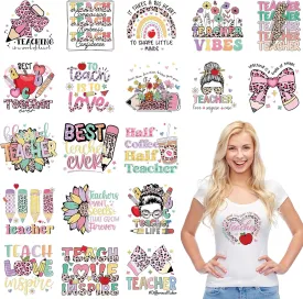Teacher Iron on Transfers for T-Shirts, 20 Pcs Appreciate Teacher DTF Transfers Ready to Press, School Iron on Patch Decals, Heat Transfer Vinyl for Bag Clothing DIY Craft