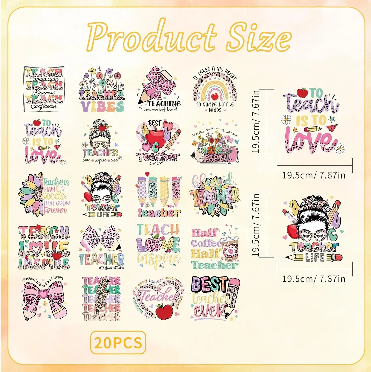 Teacher Iron on Transfers for T-Shirts, 20 Pcs Appreciate Teacher DTF Transfers Ready to Press, School Iron on Patch Decals, Heat Transfer Vinyl for Bag Clothing DIY Craft