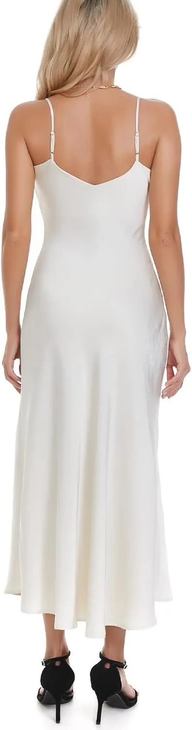 V neck Bias Cut Premium Satin Adjustable Strap Slip Maxi Dress