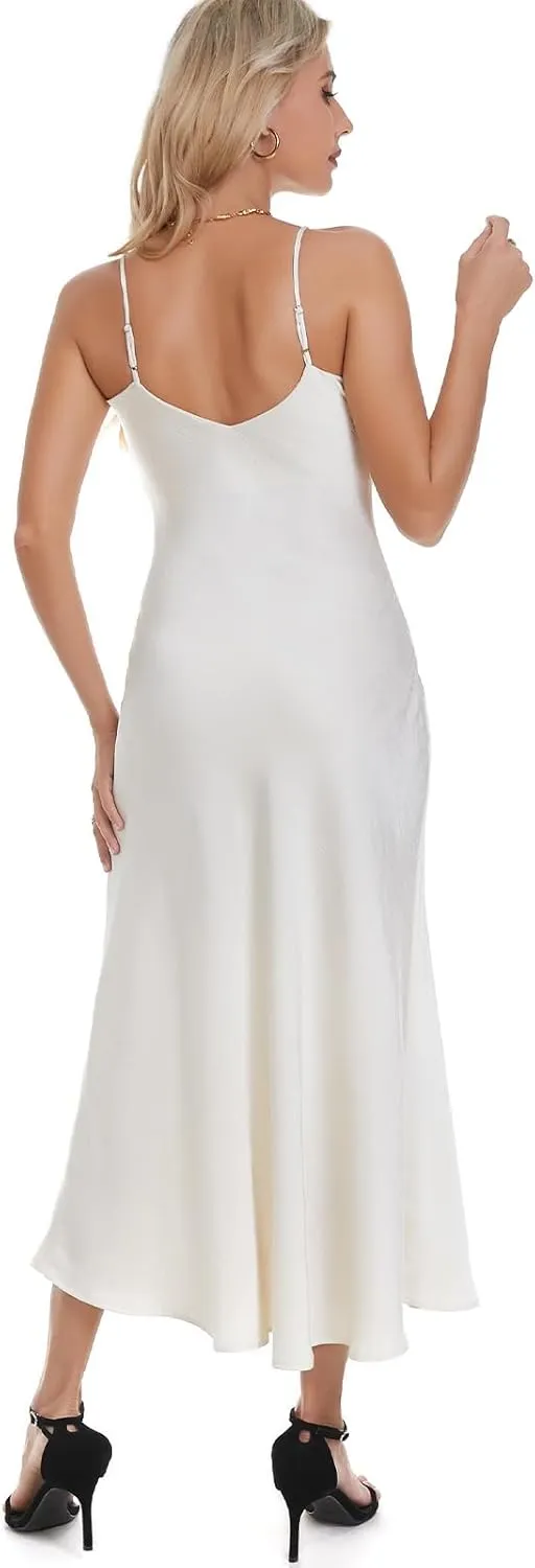 V neck Bias Cut Premium Satin Adjustable Strap Slip Maxi Dress