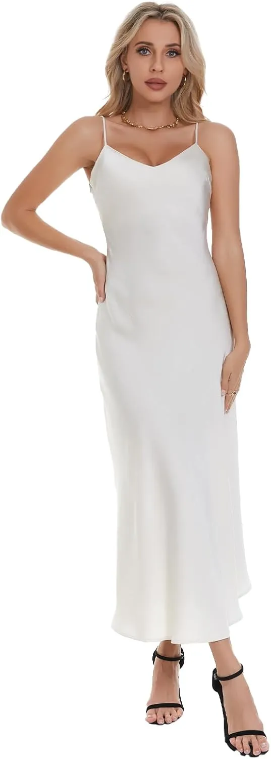V neck Bias Cut Premium Satin Adjustable Strap Slip Maxi Dress