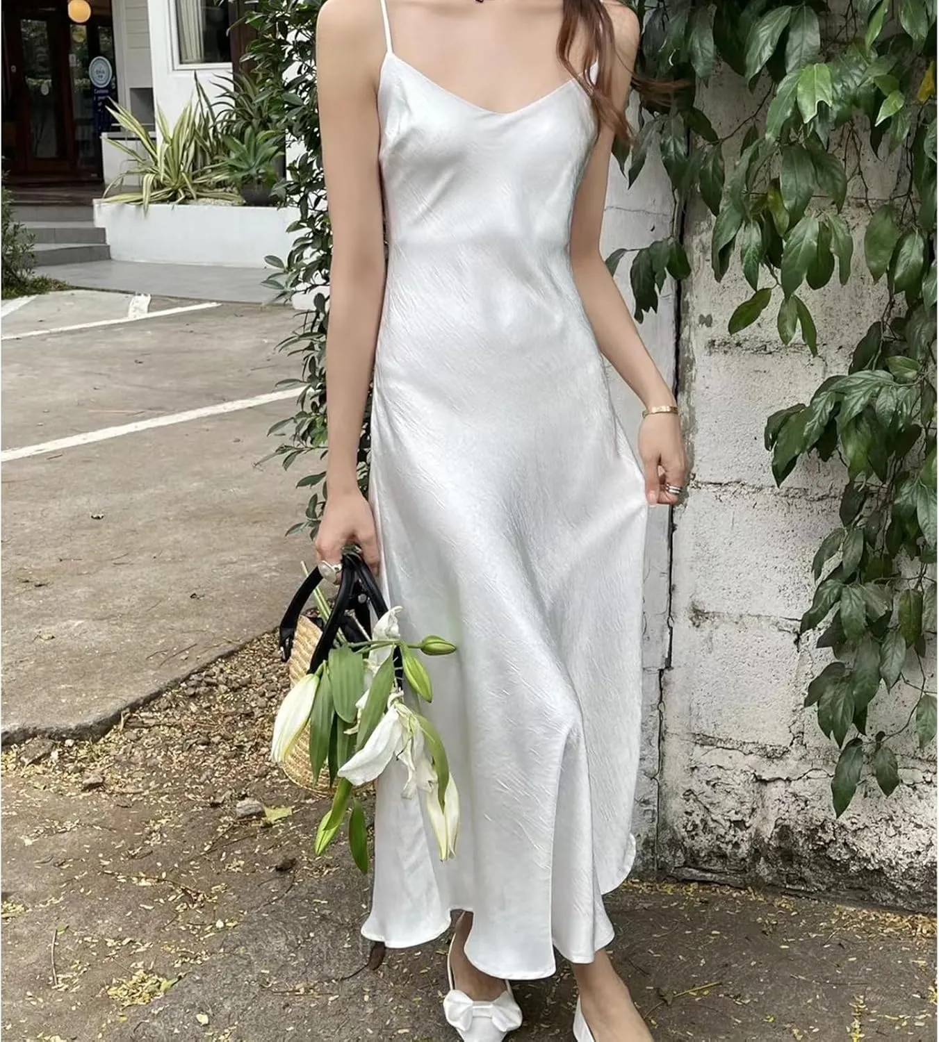 V neck Bias Cut Premium Satin Adjustable Strap Slip Maxi Dress