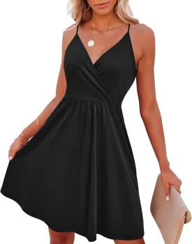 VOTEPRETTY Women's V-Neck Spaghetti Strap Dress Summer Casual Swing Sundress with Pockets