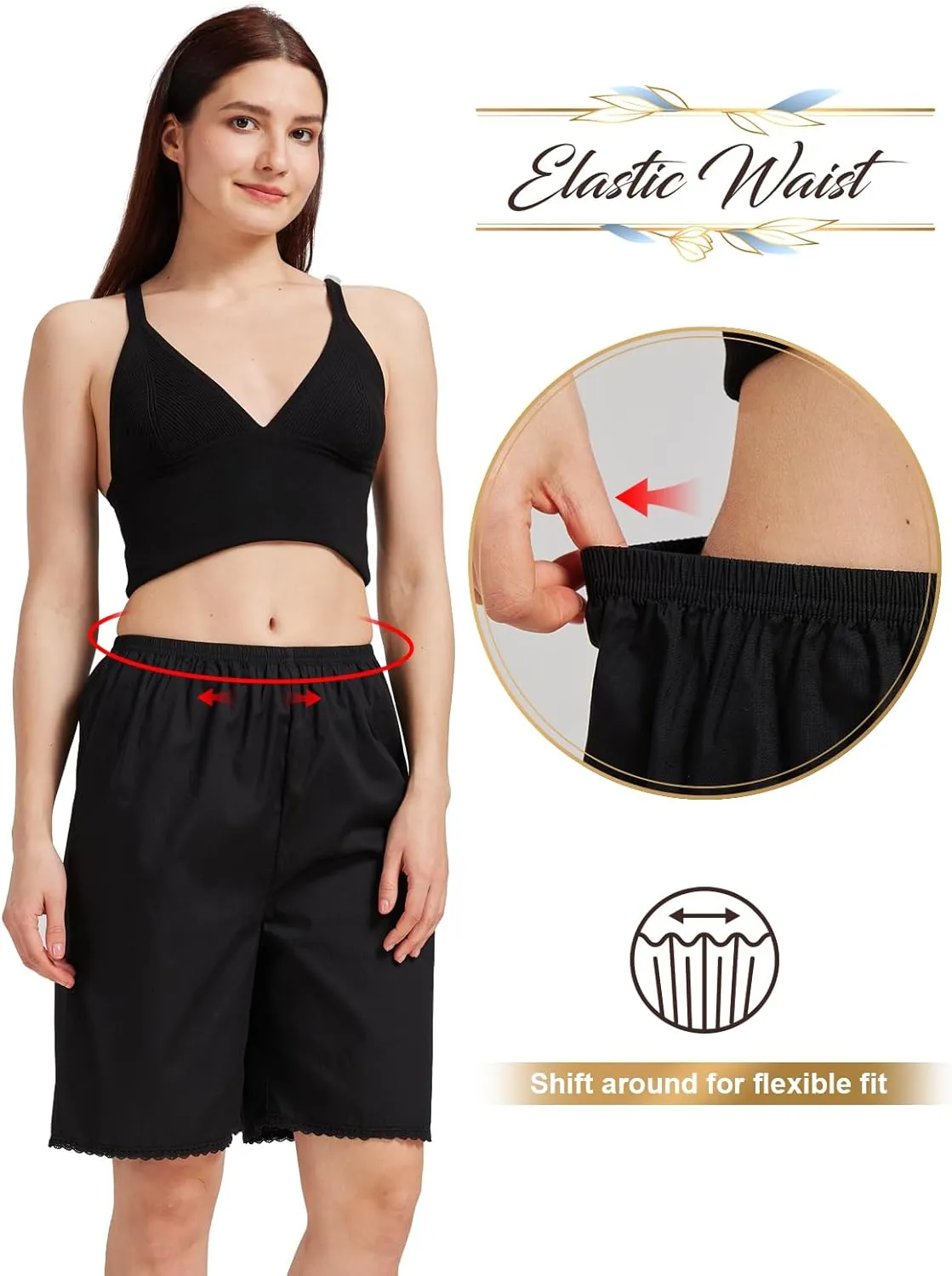 Women Cotton Half Slip Pettipants for Under Dress with Lace Trim Victorian Pajama Pants with Lining