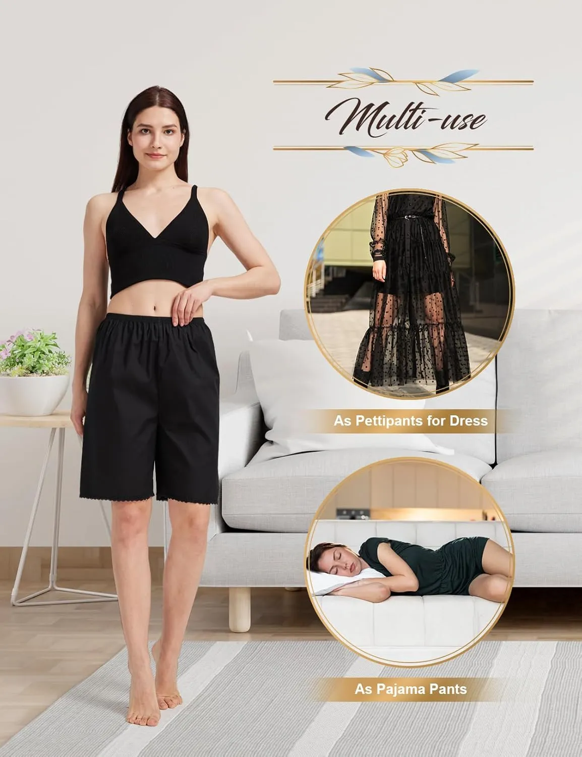 Women Cotton Half Slip Pettipants for Under Dress with Lace Trim Victorian Pajama Pants with Lining