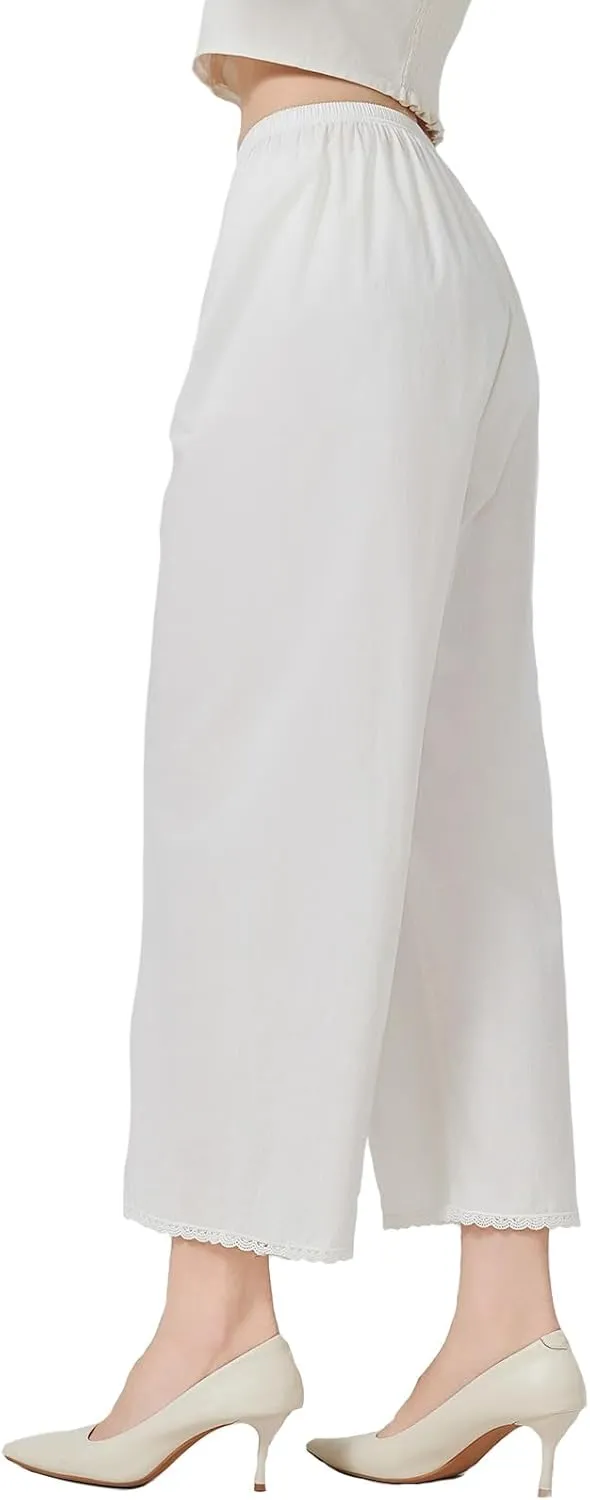 Women Cotton Half Slip Pettipants for Under Dress with Lace Trim Victorian Pajama Pants with Lining