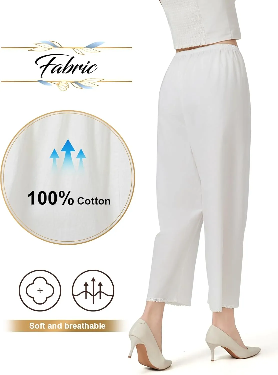 Women Cotton Half Slip Pettipants for Under Dress with Lace Trim Victorian Pajama Pants with Lining