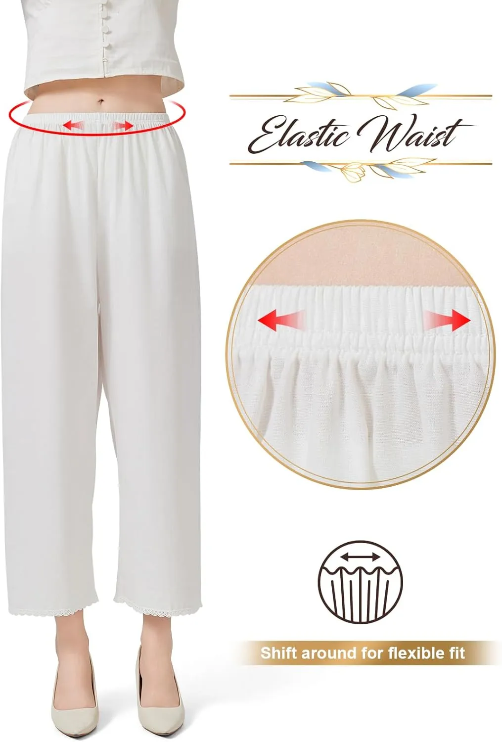 Women Cotton Half Slip Pettipants for Under Dress with Lace Trim Victorian Pajama Pants with Lining