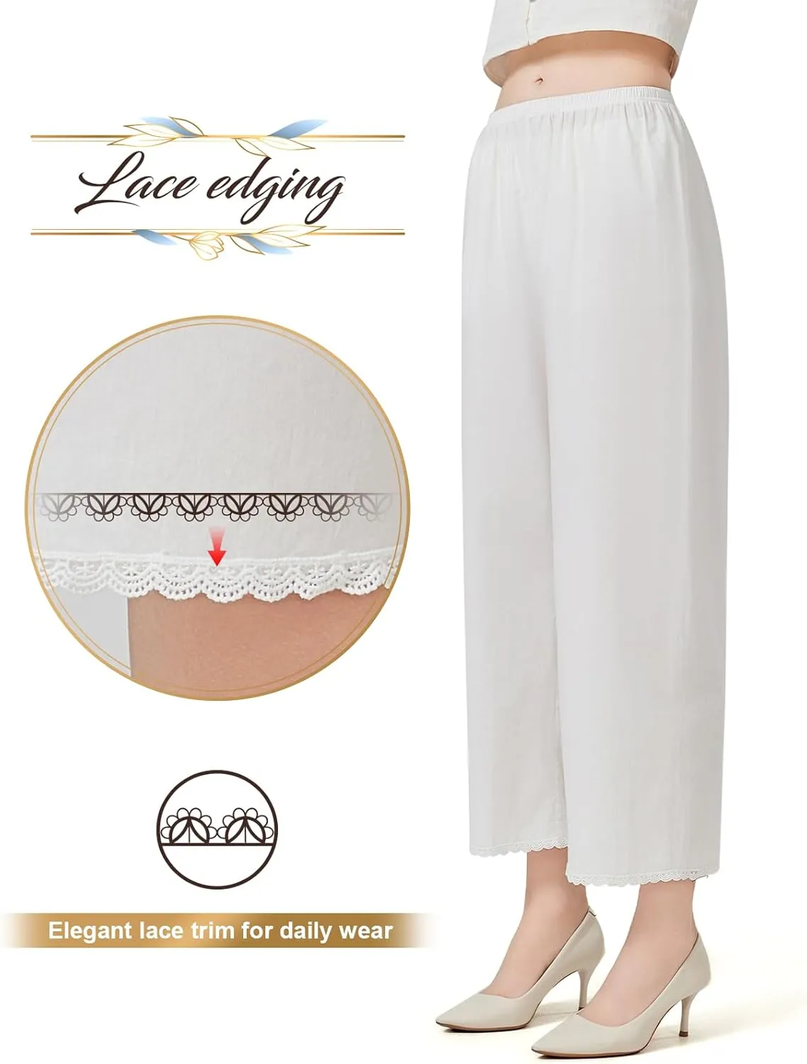 Women Cotton Half Slip Pettipants for Under Dress with Lace Trim Victorian Pajama Pants with Lining