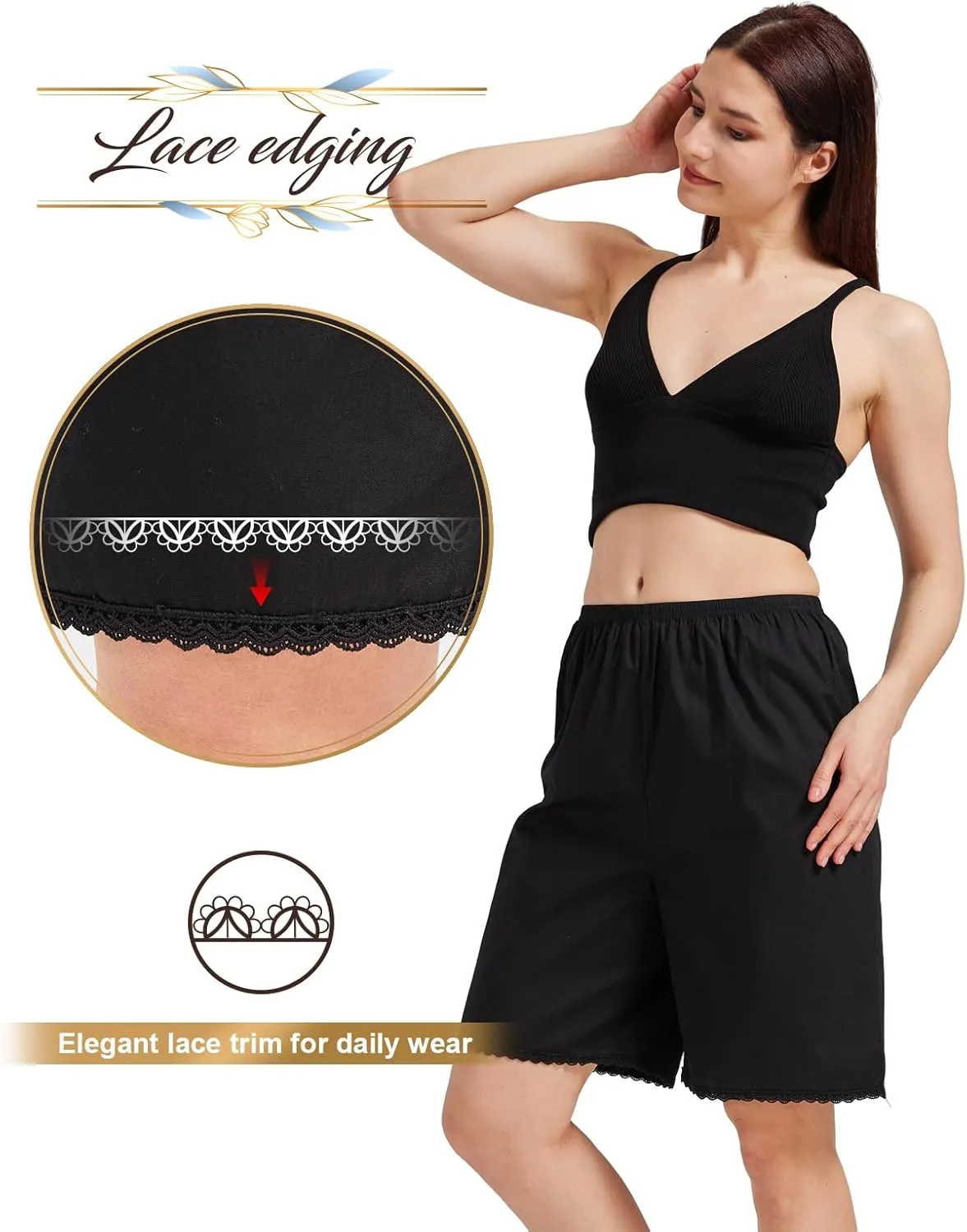 Women Cotton Half Slip Pettipants for Under Dress with Lace Trim Victorian Pajama Pants with Lining