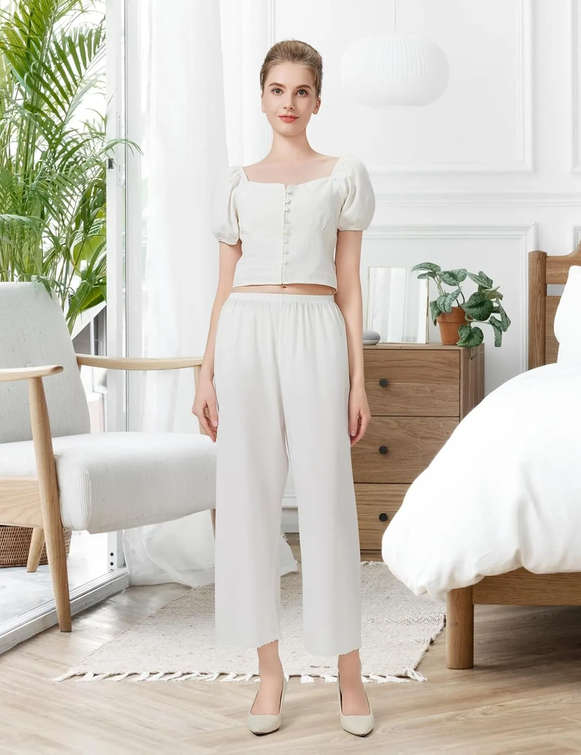 Women Cotton Half Slip Pettipants for Under Dress with Lace Trim Victorian Pajama Pants with Lining