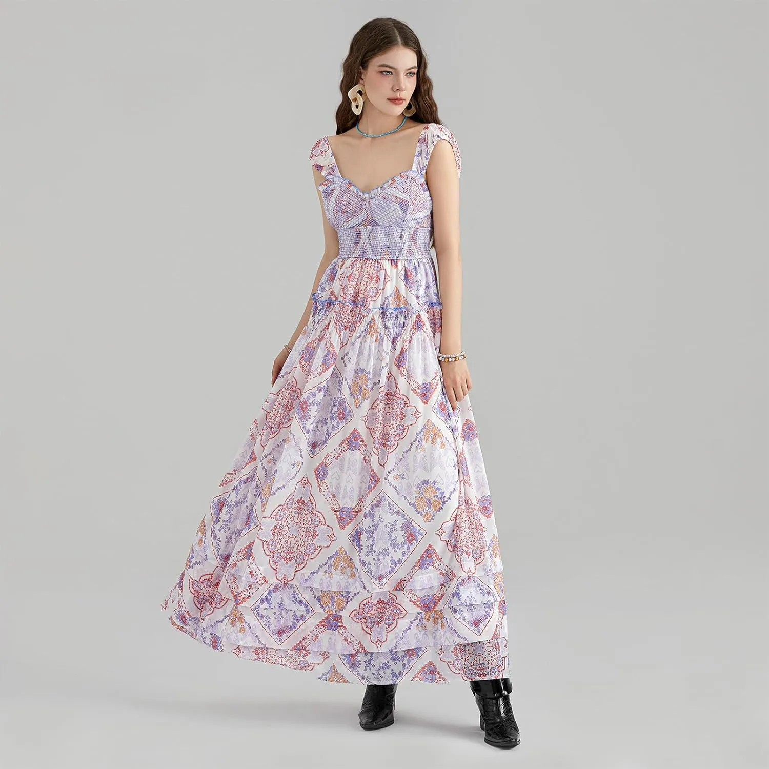Women Floral Long Maxi Dress Sleeveless V Neck Tiered Ruffles Cami Dress Summer Casual Beach Party Sundress