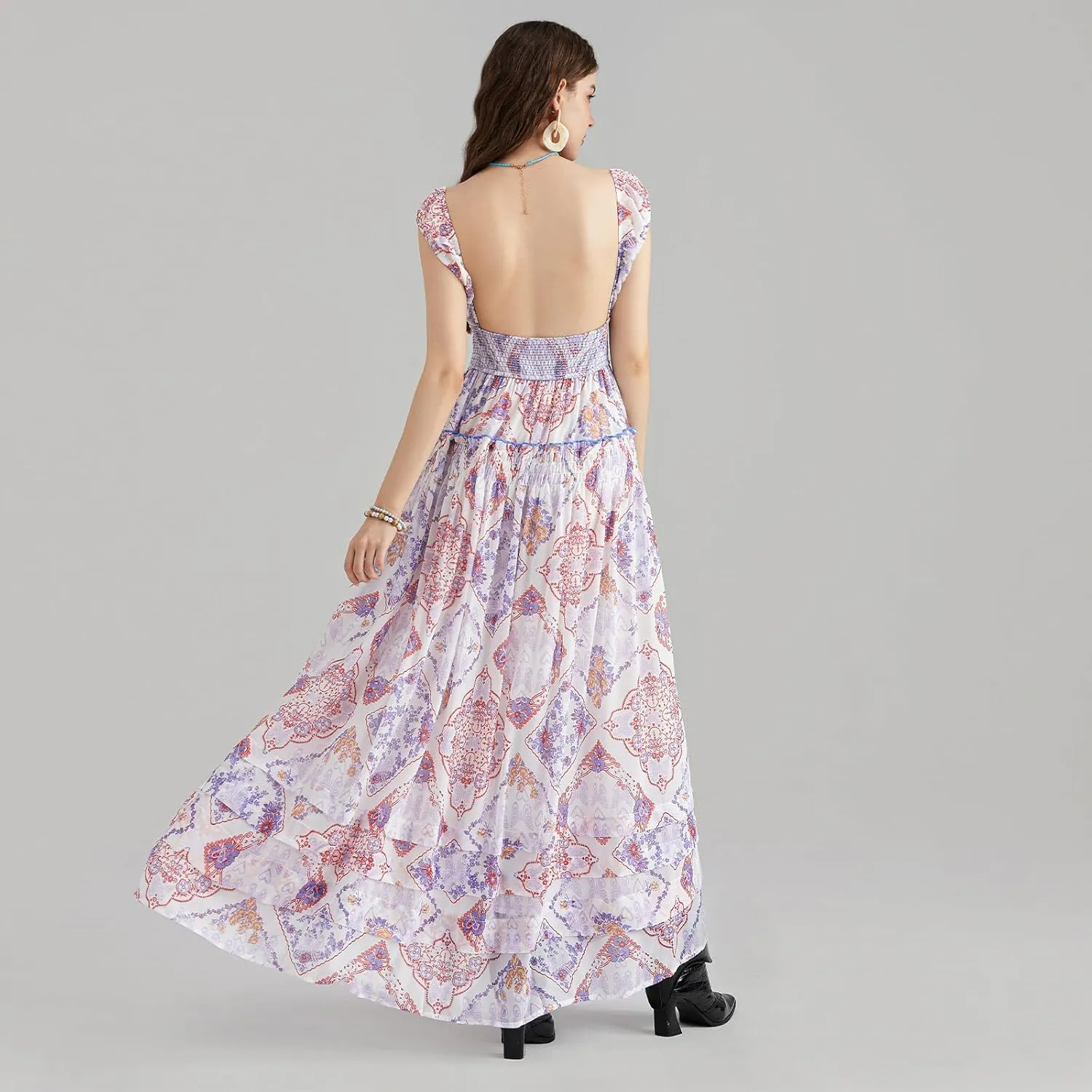 Women Floral Long Maxi Dress Sleeveless V Neck Tiered Ruffles Cami Dress Summer Casual Beach Party Sundress