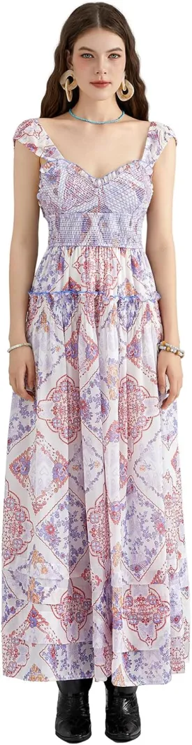 Women Floral Long Maxi Dress Sleeveless V Neck Tiered Ruffles Cami Dress Summer Casual Beach Party Sundress