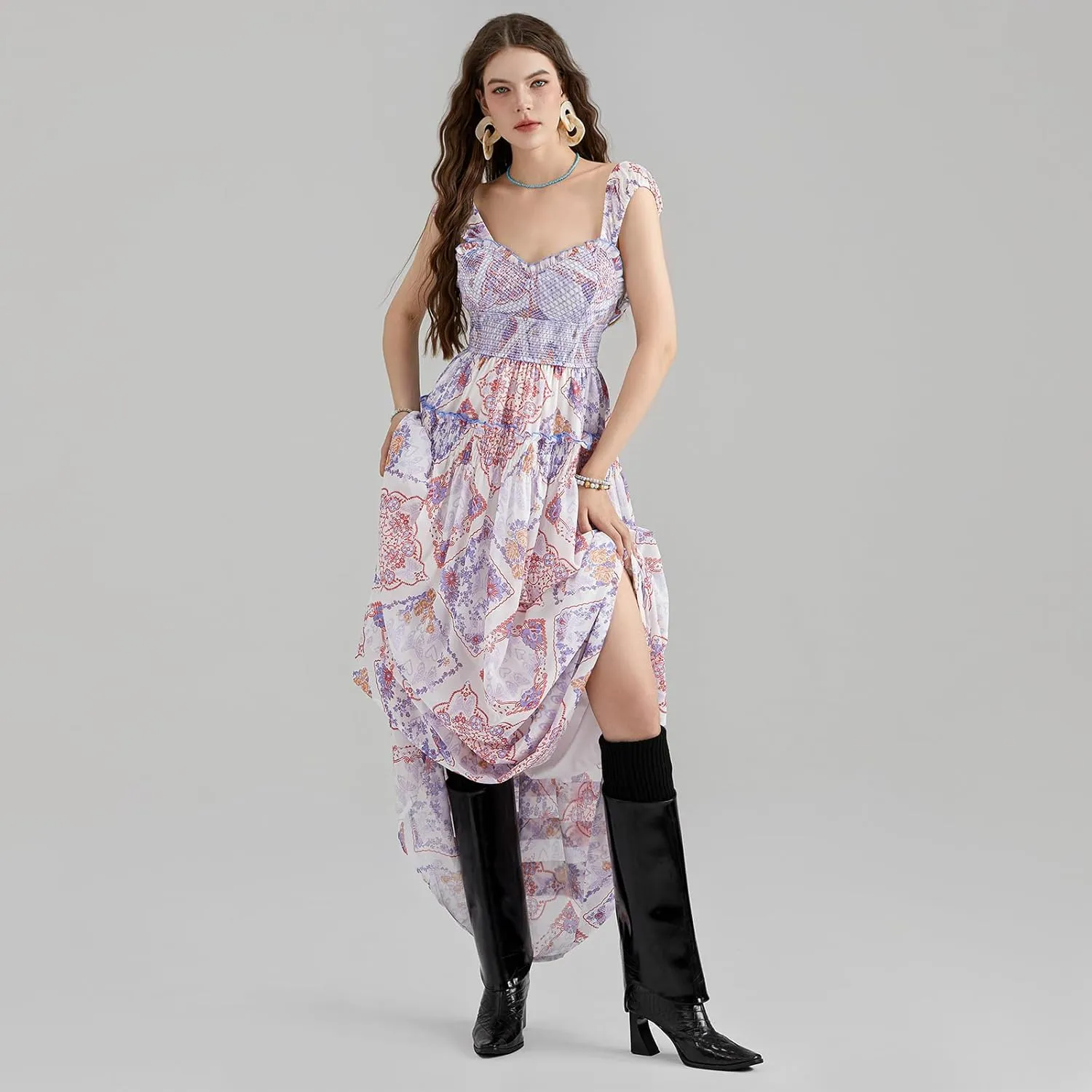 Women Floral Long Maxi Dress Sleeveless V Neck Tiered Ruffles Cami Dress Summer Casual Beach Party Sundress