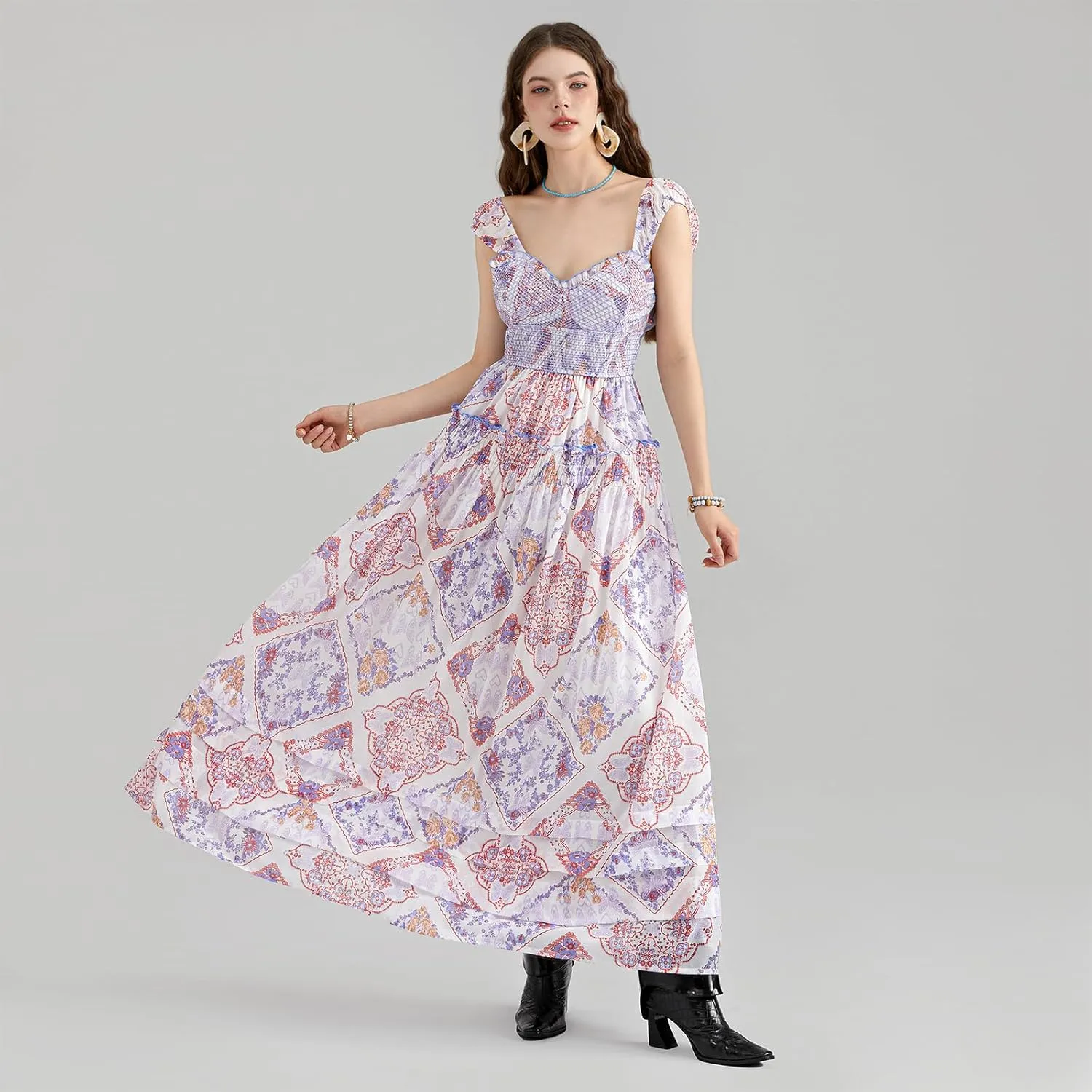 Women Floral Long Maxi Dress Sleeveless V Neck Tiered Ruffles Cami Dress Summer Casual Beach Party Sundress