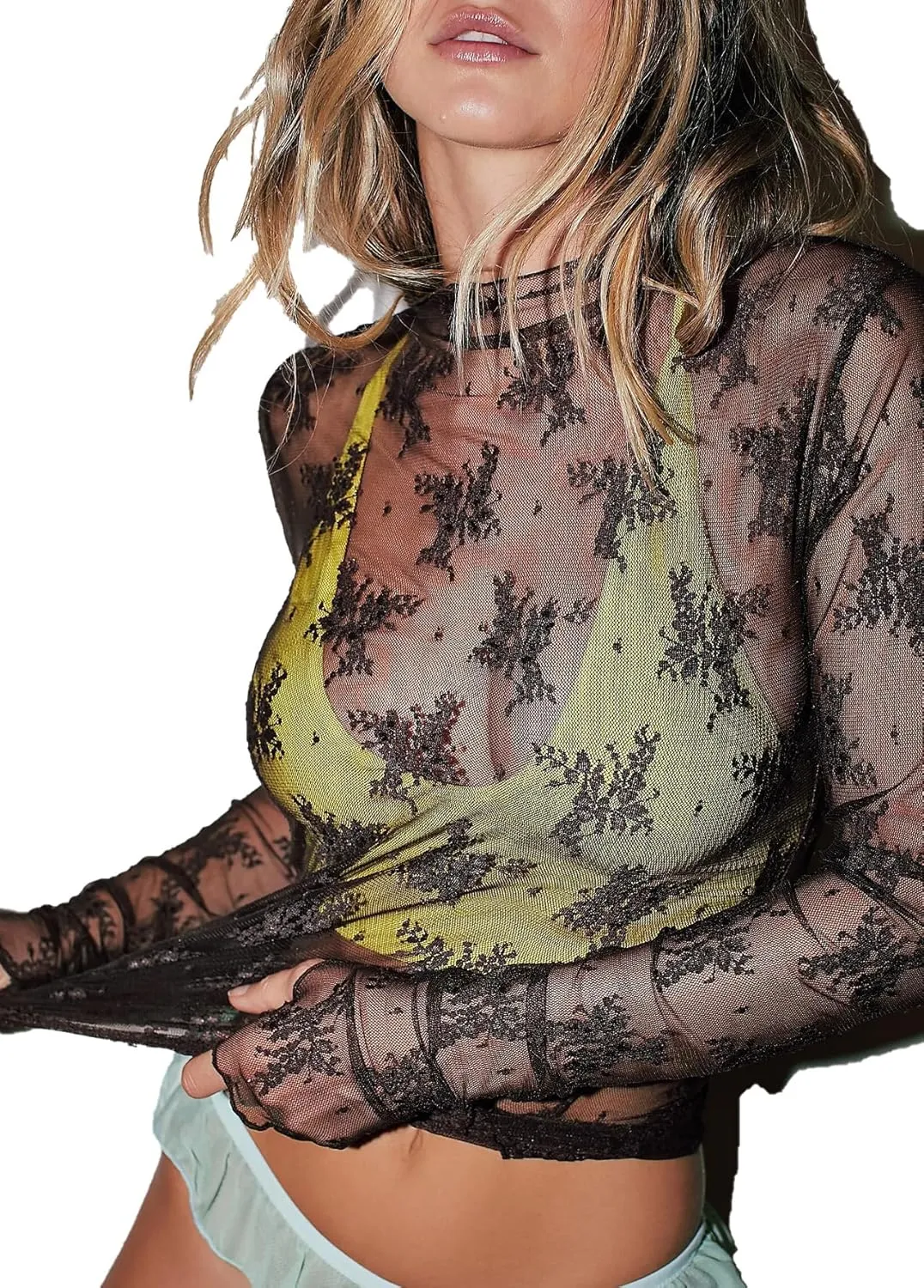 Women Sexy Lace Layering Tops Sheer Mesh Shirts Long Sleeve See Through Crop Top