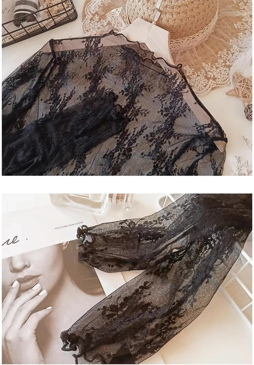 Women Sexy Lace Layering Tops Sheer Mesh Shirts Long Sleeve See Through Crop Top