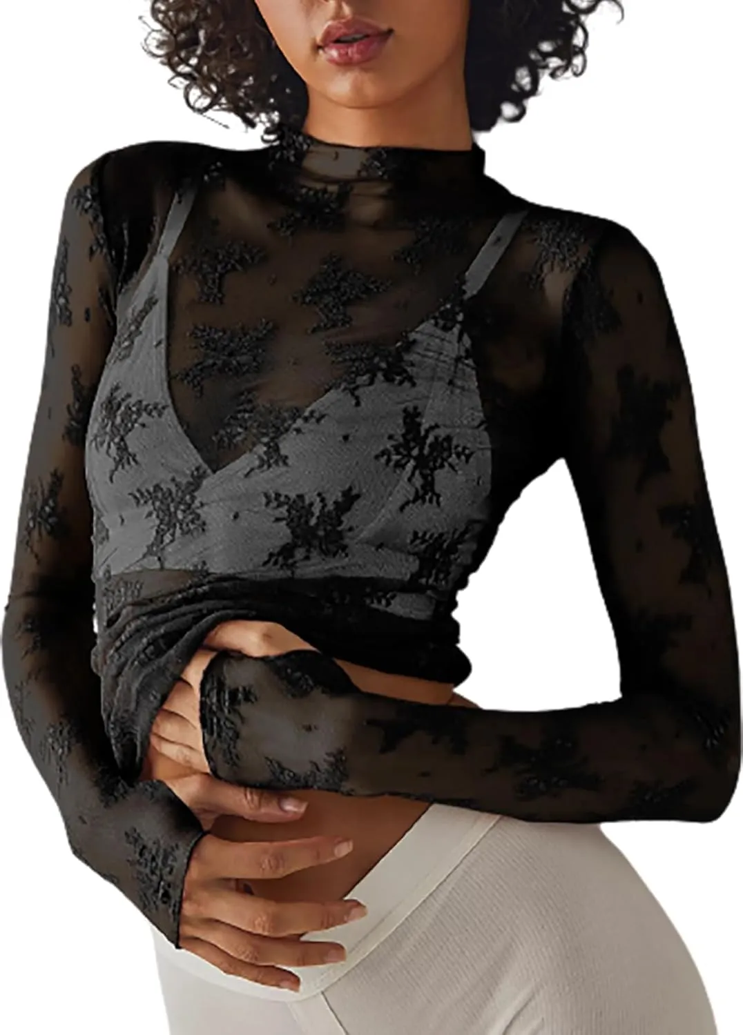Women Sexy Lace Layering Tops Sheer Mesh Shirts Long Sleeve See Through Crop Top