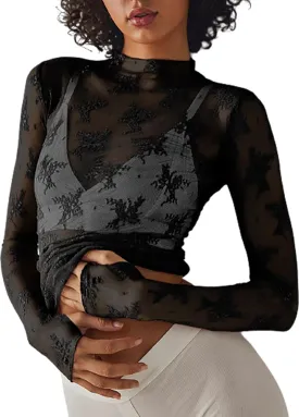 Women Sexy Lace Layering Tops Sheer Mesh Shirts Long Sleeve See Through Crop Top