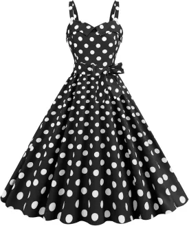 Women Vintage Polka Dot 1950s Rockabilly Halter Hepburn Dress Retro Polka Dot Evening Cocktail Swing Dresses