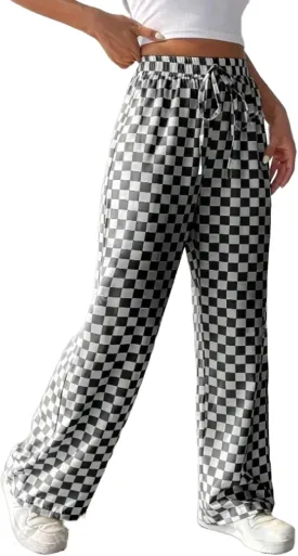 Women's Casual Checkered Pants Drawstring Elastic Waist Comfy Loose Straight Wide Leg Plaid Pants with Pockets