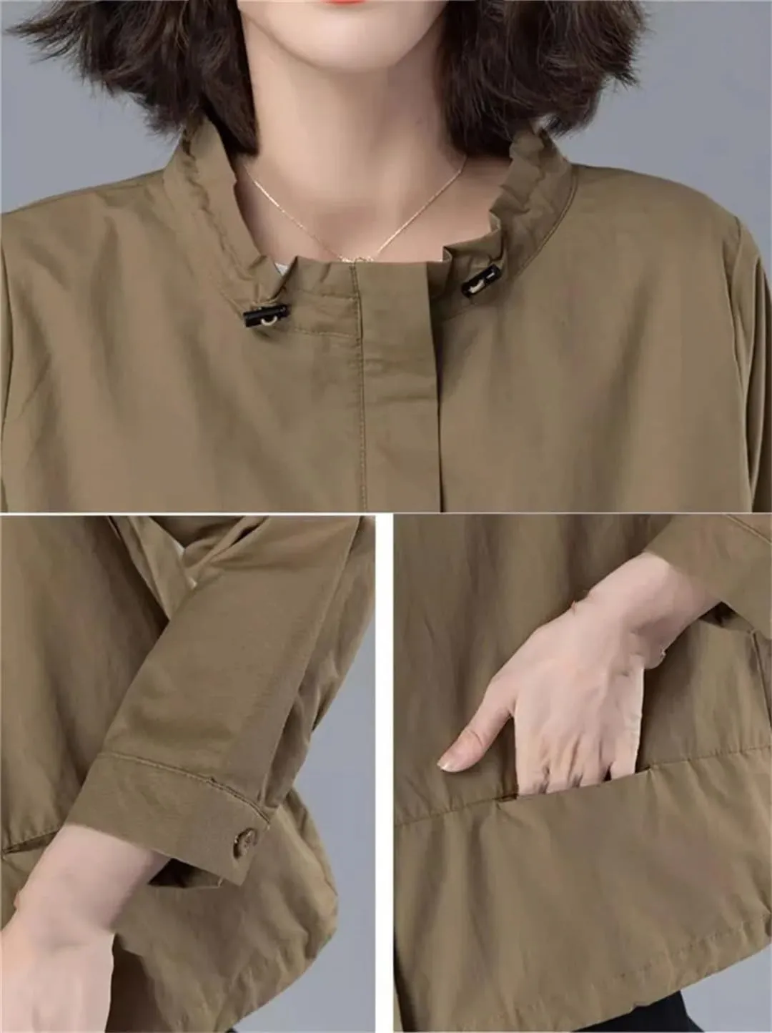 Women's Casual Stand-Up Collar Zipper Jacket, Short Round Neck Lightweight Trench Coat