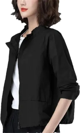 Women's Casual Stand-Up Collar Zipper Jacket, Short Round Neck Lightweight Trench Coat