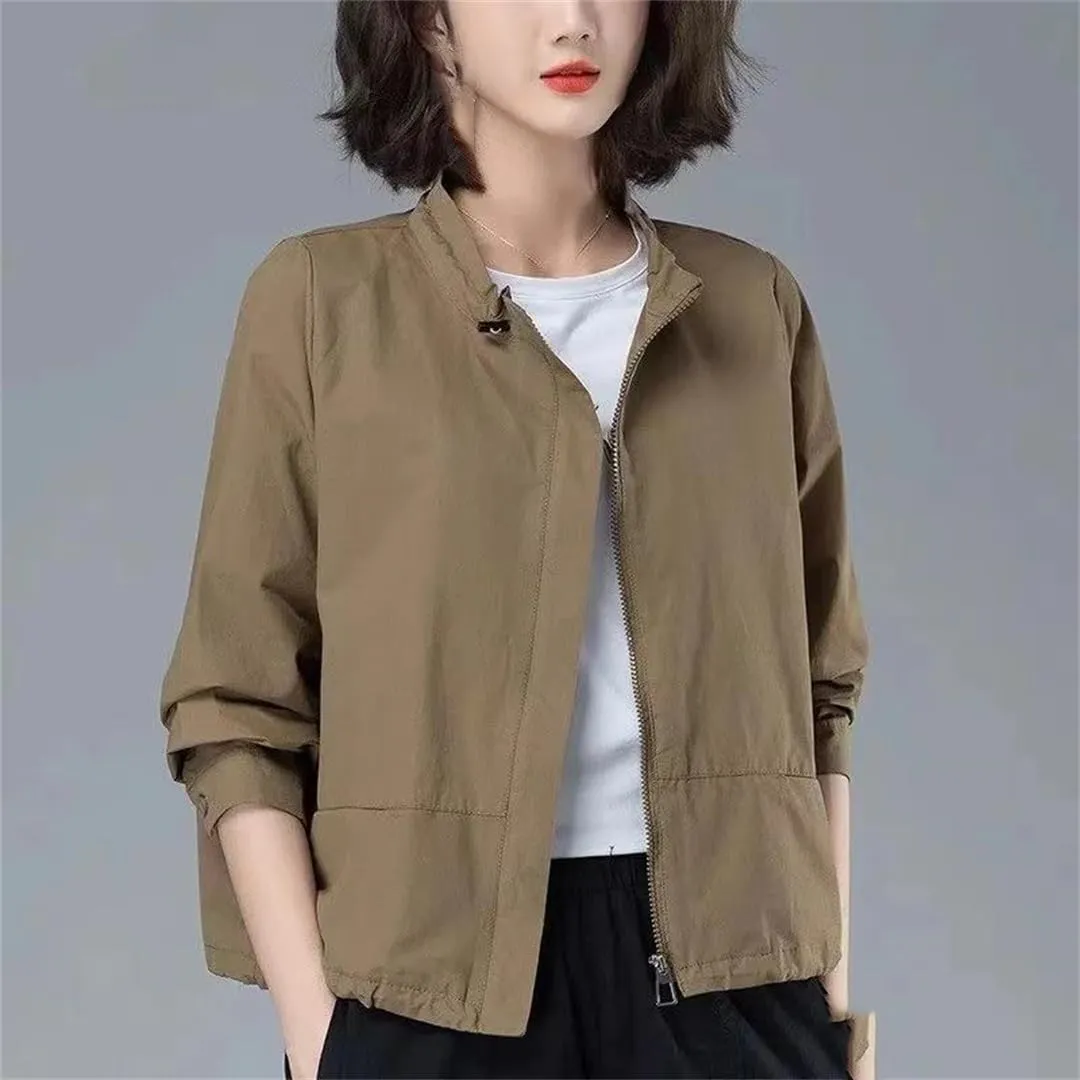 Women's Casual Stand-Up Collar Zipper Jacket, Short Round Neck Lightweight Trench Coat
