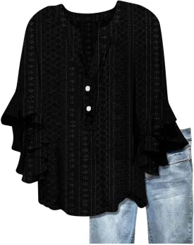 Women's Eyelet Poncho Tops Half Sleeve Tops Trendy Casual Lightweight Flowy Shirt Ruffles Hem Dressy Elegant Blouse