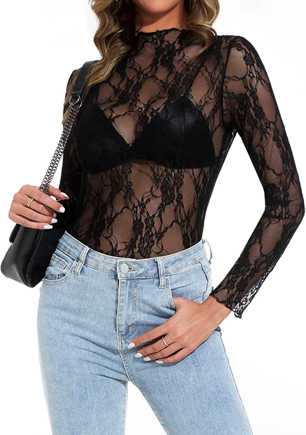 Womens Lace Mesh Long Sleeve Top Floral Sheer See Through Sexy Tops Mock Neck Shirts Party Club Night Blouses
