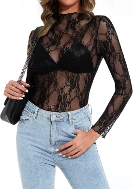 Womens Lace Mesh Long Sleeve Top Floral Sheer See Through Sexy Tops Mock Neck Shirts Party Club Night Blouses