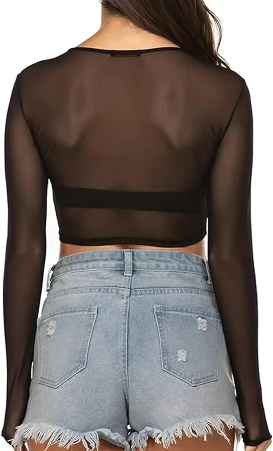 Women's Mesh Long Sleeve Top See Through Shirt Sexy High Crew Neck Sheer Blouse