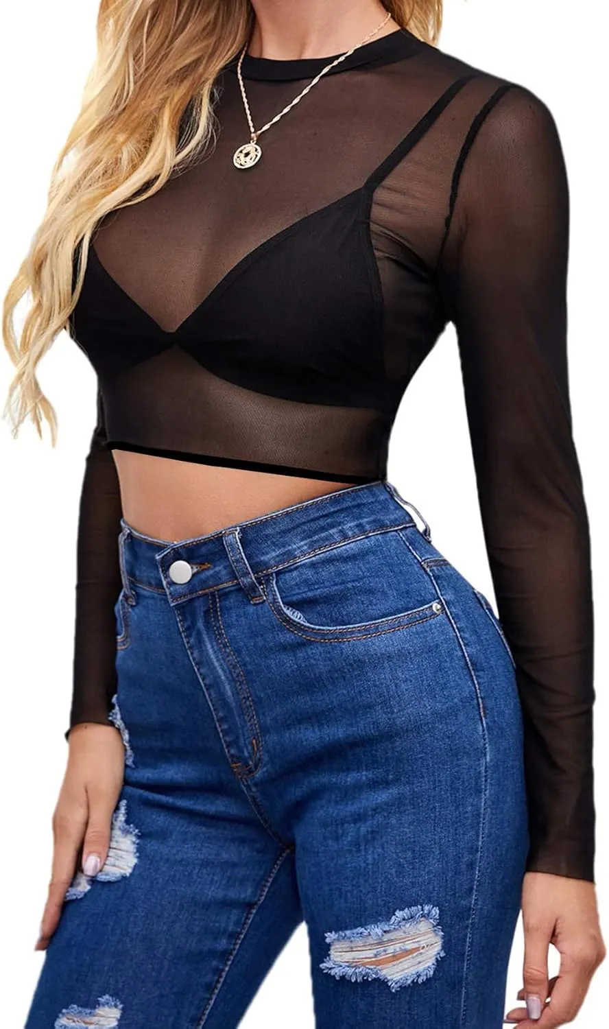 Women's Mesh Long Sleeve Top See Through Shirt Sexy High Crew Neck Sheer Blouse