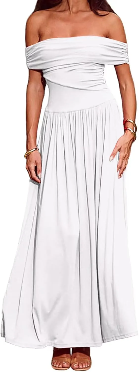 Women's Off The Shoulder Maxi Dress Bodycon Ruched Flowy Long Dresses Pleated Formal Dress