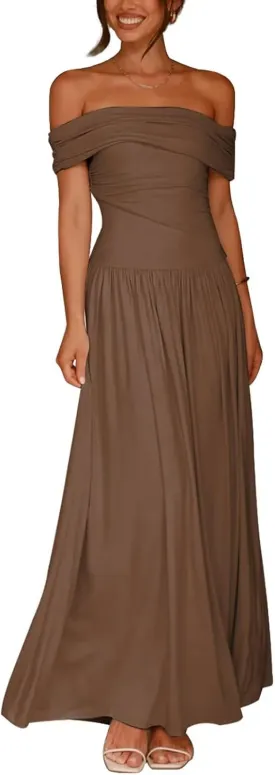 Women's Off The Shoulder Maxi Dress Bodycon Ruched Flowy Long Dresses Pleated Formal Dress
