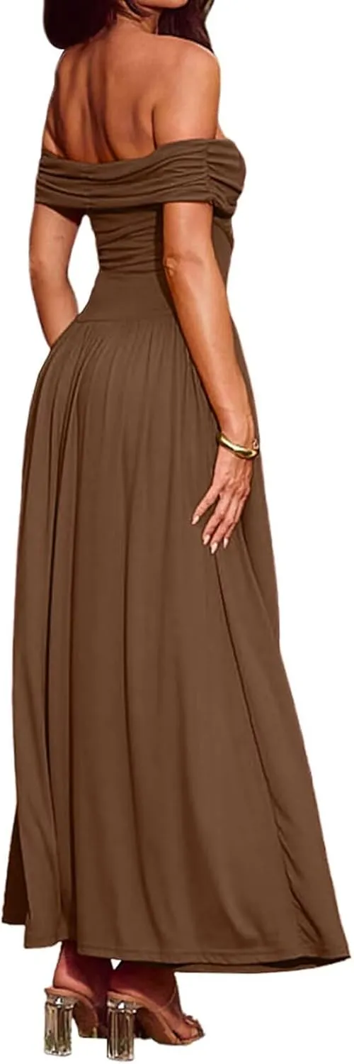 Women's Off The Shoulder Maxi Dress Bodycon Ruched Flowy Long Dresses Pleated Formal Dress