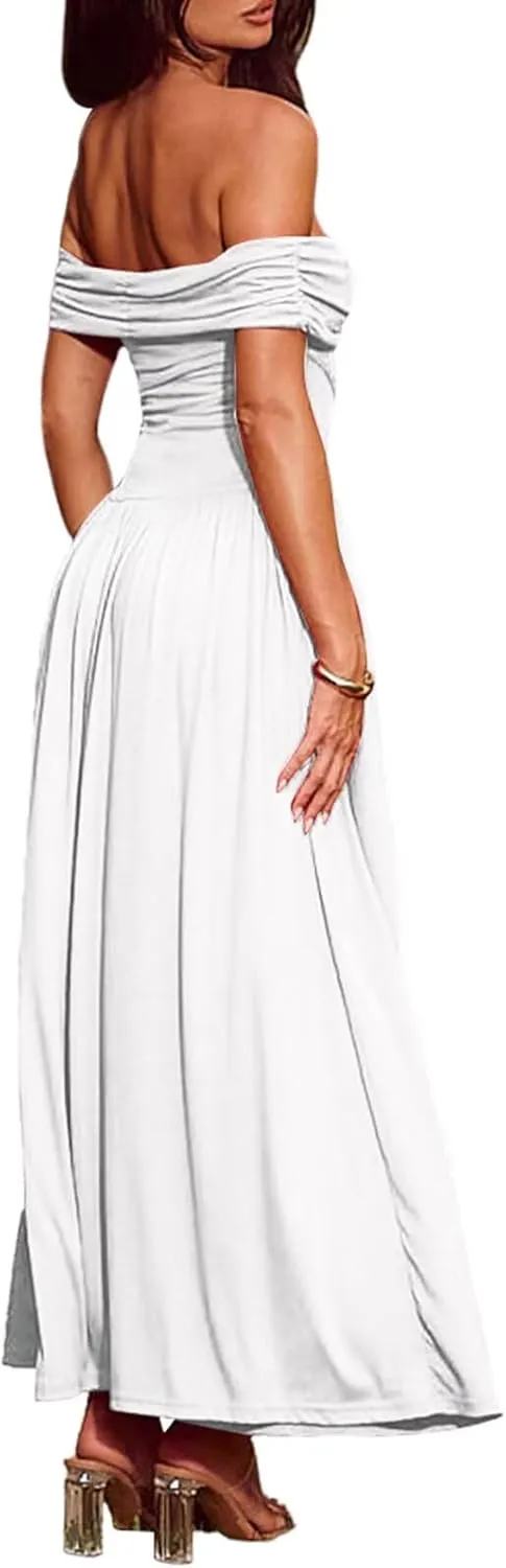 Women's Off The Shoulder Maxi Dress Bodycon Ruched Flowy Long Dresses Pleated Formal Dress