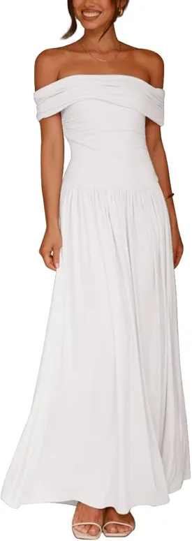 Women's Off The Shoulder Maxi Dress Bodycon Ruched Flowy Long Dresses Pleated Formal Dress