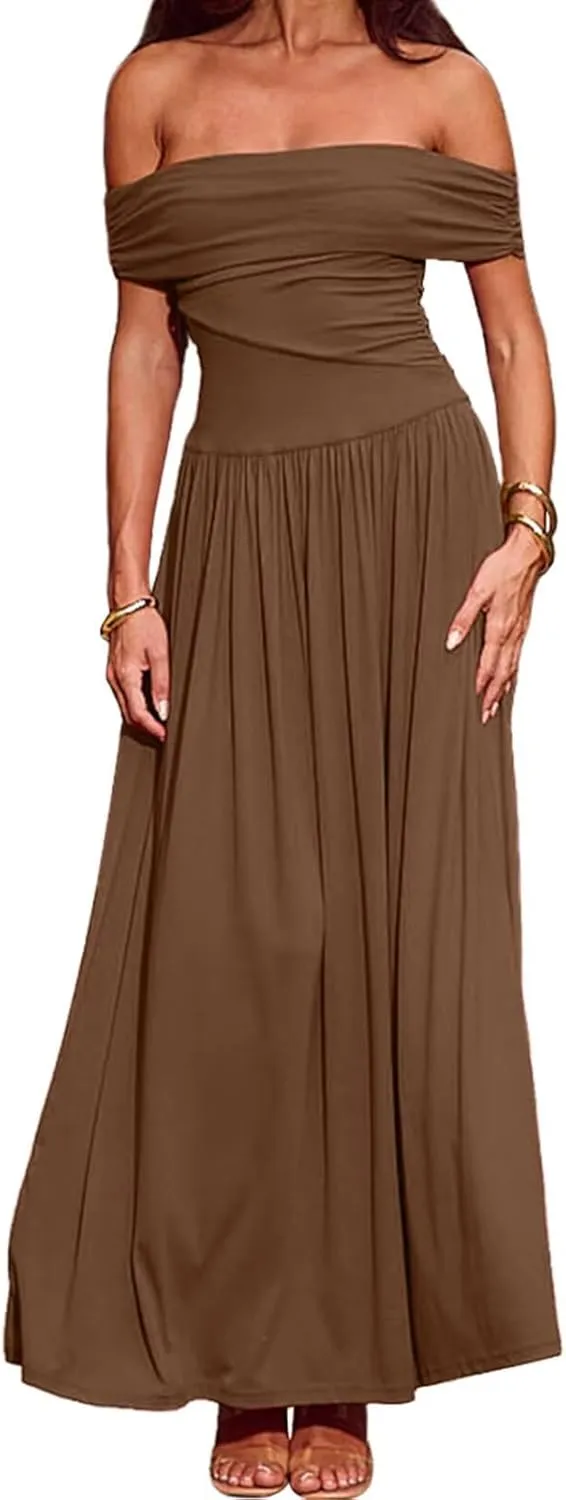 Women's Off The Shoulder Maxi Dress Bodycon Ruched Flowy Long Dresses Pleated Formal Dress