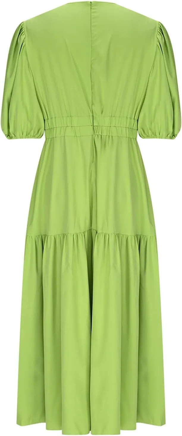 Womens Puff Sleeve Maxi Dress Summer Deep V Neck Casual Flowy Midi Dress Sexy Elastic High Waist A Line Midi Dresses