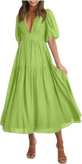 Womens Puff Sleeve Maxi Dress Summer Deep V Neck Casual Flowy Midi Dress Sexy Elastic High Waist A Line Midi Dresses