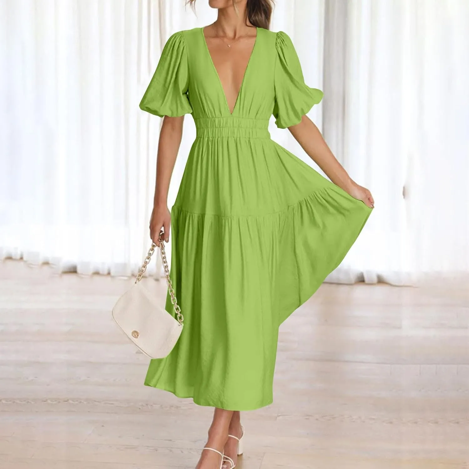 Womens Puff Sleeve Maxi Dress Summer Deep V Neck Casual Flowy Midi Dress Sexy Elastic High Waist A Line Midi Dresses