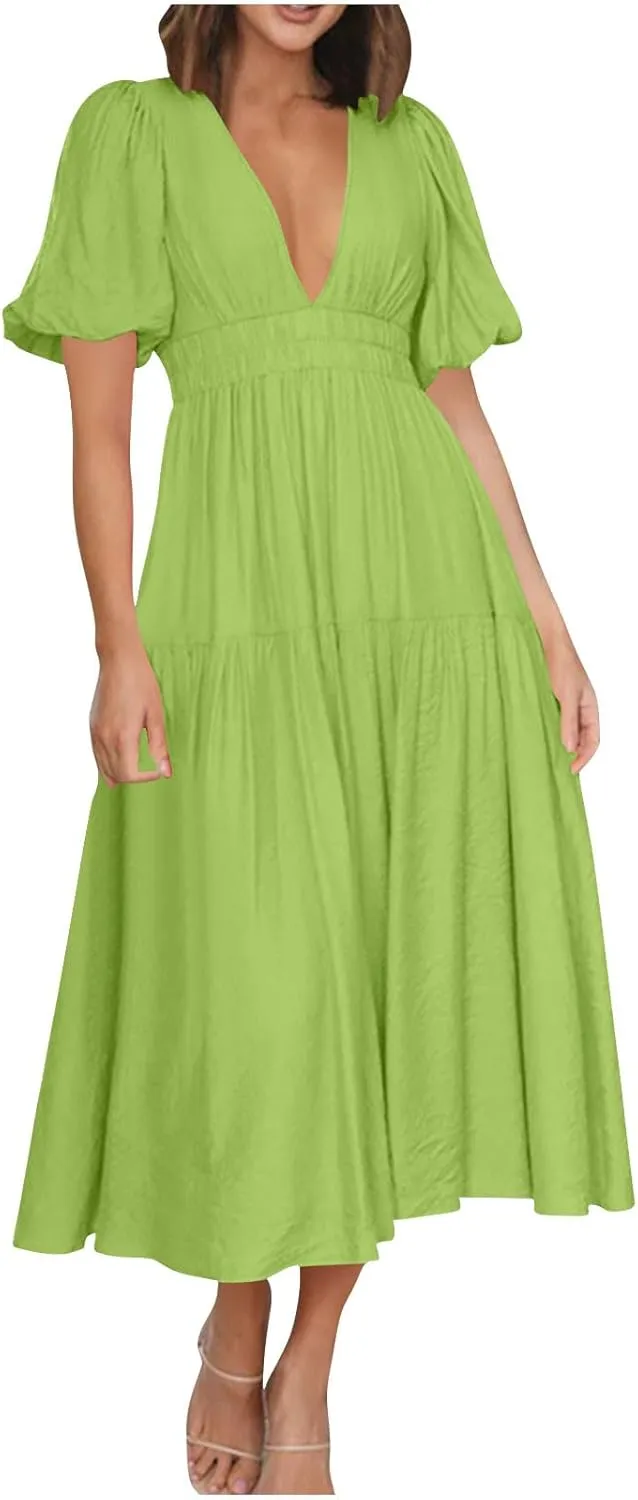 Womens Puff Sleeve Maxi Dress Summer Deep V Neck Casual Flowy Midi Dress Sexy Elastic High Waist A Line Midi Dresses