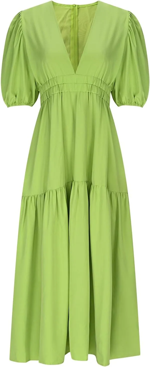Womens Puff Sleeve Maxi Dress Summer Deep V Neck Casual Flowy Midi Dress Sexy Elastic High Waist A Line Midi Dresses