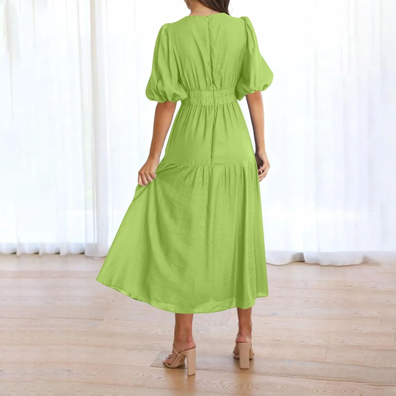 Womens Puff Sleeve Maxi Dress Summer Deep V Neck Casual Flowy Midi Dress Sexy Elastic High Waist A Line Midi Dresses