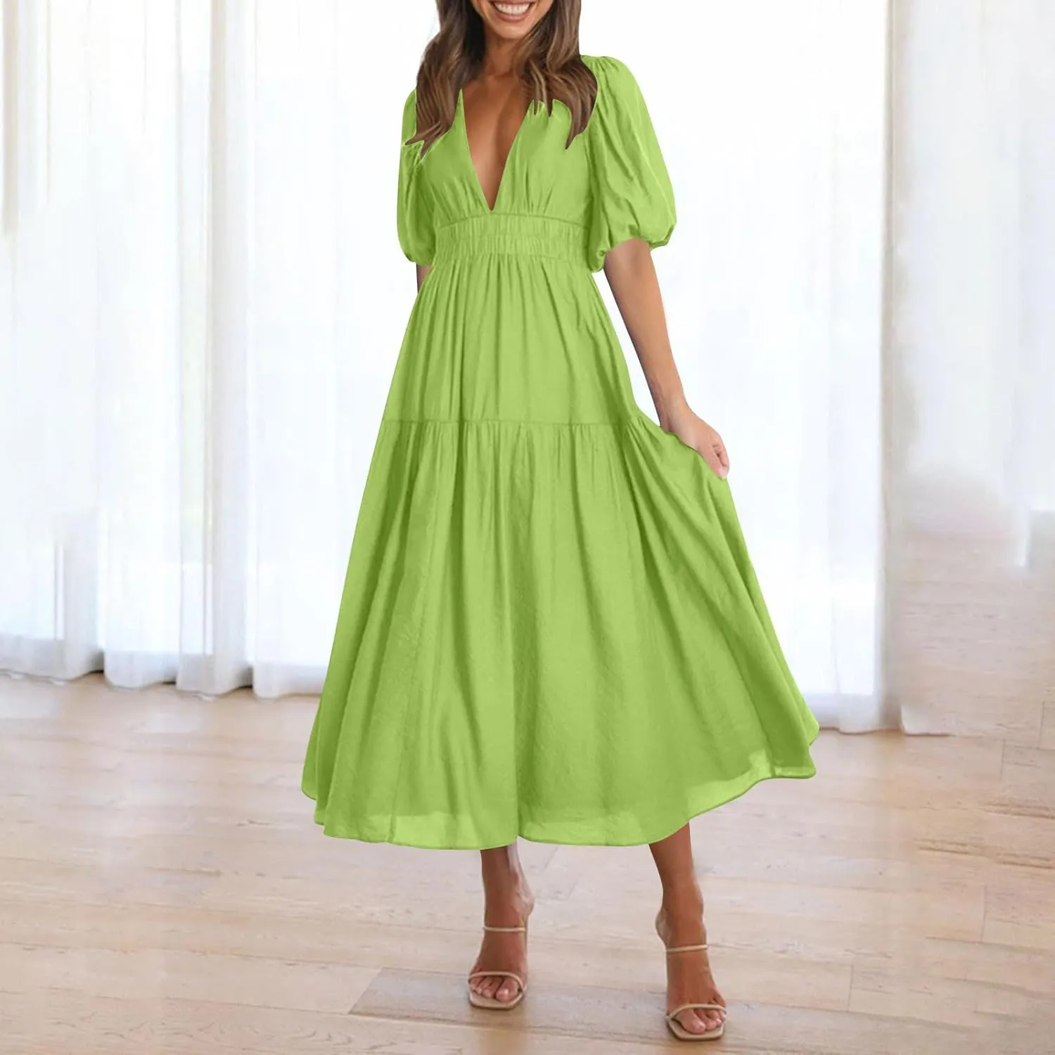 Womens Puff Sleeve Maxi Dress Summer Deep V Neck Casual Flowy Midi Dress Sexy Elastic High Waist A Line Midi Dresses