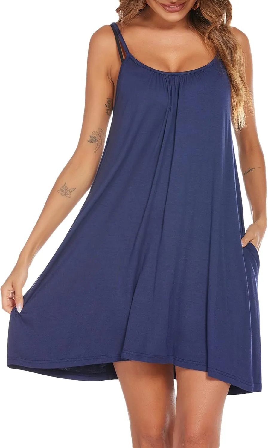Zeagoo Womens Sleeveless Solid Slip Dresses Summer Casual Adjustable Spaghetti Strap Dresses Cami Dresses with Pockets