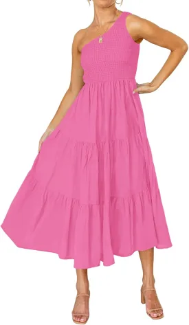 ZESICA Women's 2025 Bohemian Summer Floral Print One Shoulder Sleeveless Smocked Ruffle Tiered Beach Long Midi Dress